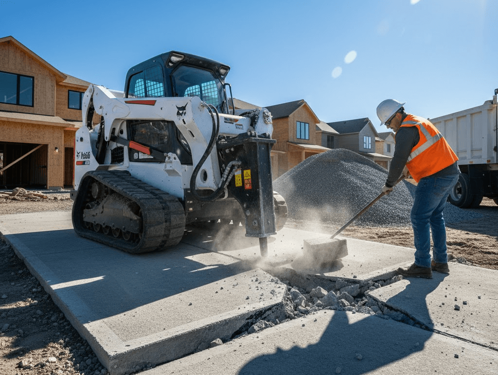 concrete-breaking-bobcat-service A Bobcat with a hydraulic breaker attachment breaking up a concrete driveway at a residential construction site.