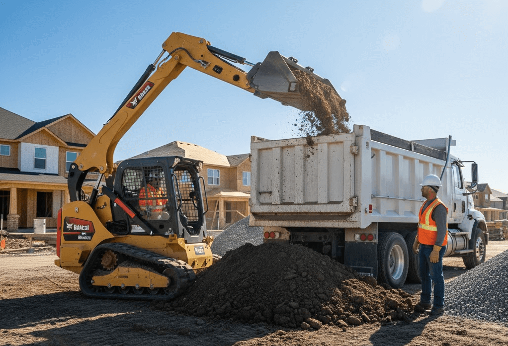 excavation-dirt-loading-truck A compact track loader excavating a pile of dirt and loading it into a white dump truck in front of new residential houses.
