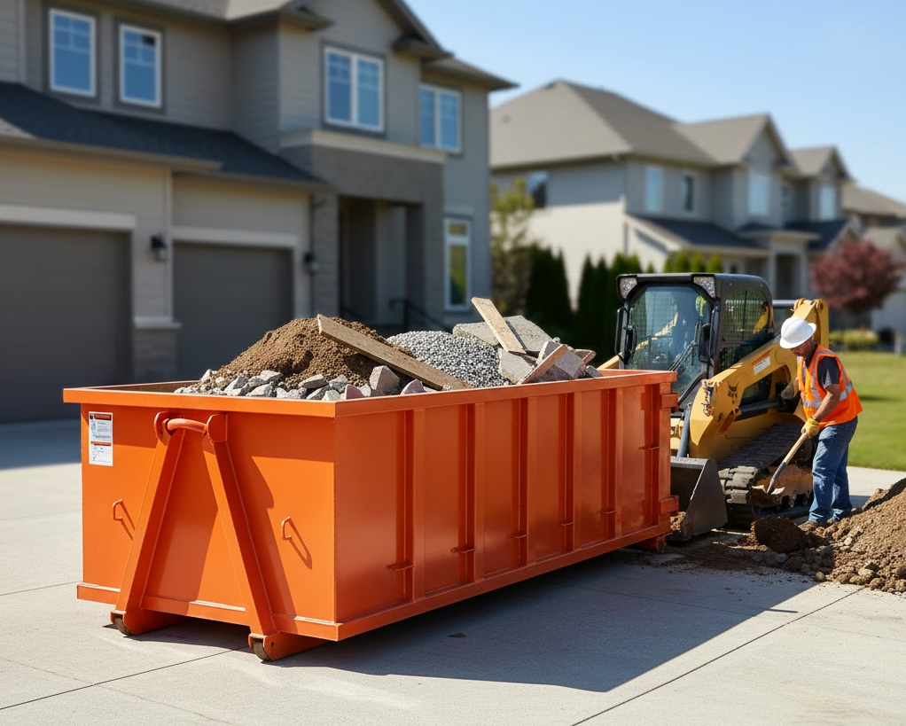 heavy_debris_box 8-9 yard orange debris box being loaded by a Bobcat on a residential driveway.