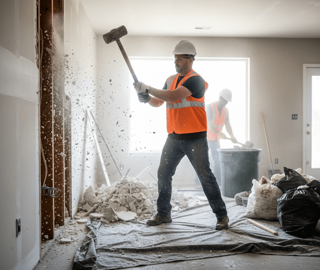 interior-demolition-removal-service Construction worker in a safety vest using a sledgehammer for interior demolition and sheetrock removal in a home.